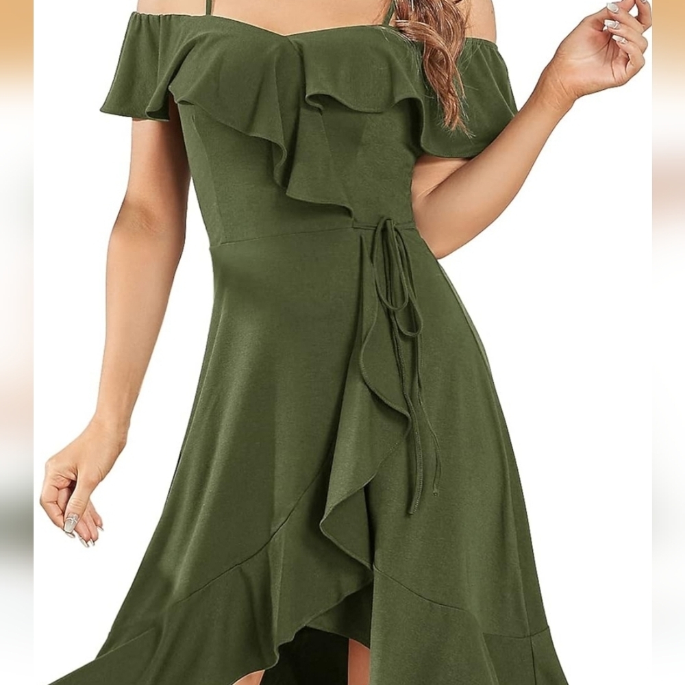 New W Tags Solid Off Shoulder Tie Waist Ruffle Dress Flattering Sz M Comfortable